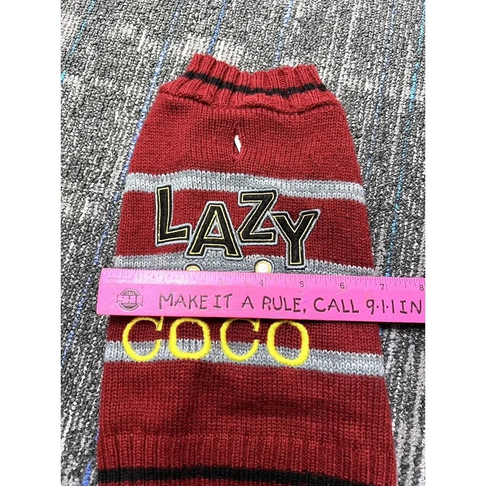Personalized Dog Named‎ COCO Sweater Lazy Bone Dog Maroon Gray Stripe Size Small
